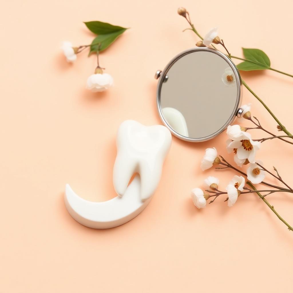 Soft flat lay with a white tooth model, hand mirror, and delicate blossoms — cosmetic dentistry