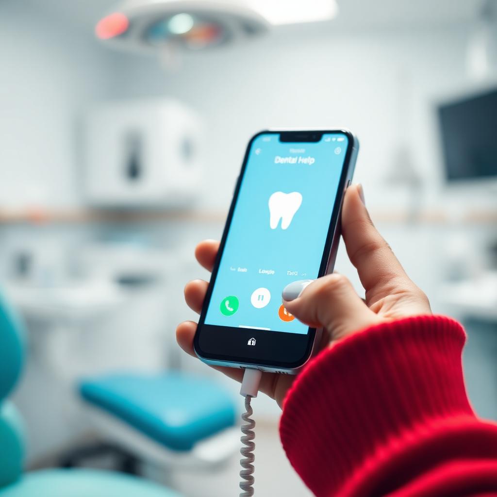 Hand holding a phone dialing for emergency dental care in a bright clinic