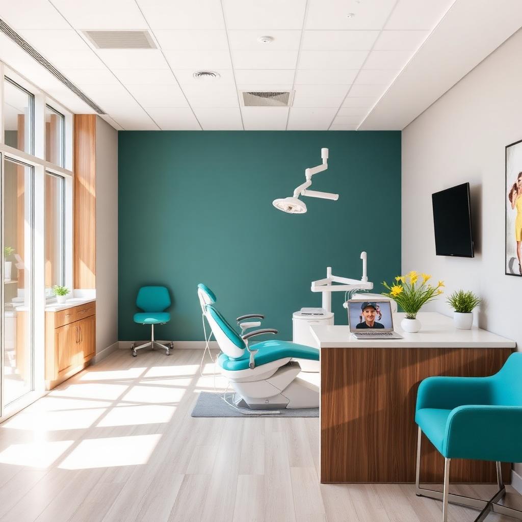 Modern general dentistry operatory with teal accents and natural light