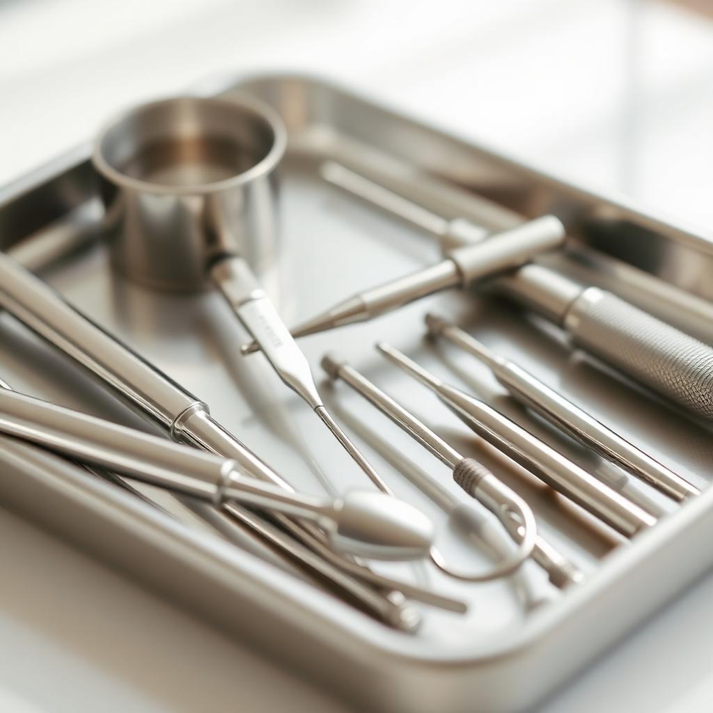 Sterilized dental hygiene instruments on a tray, ready for a gentle cleaning